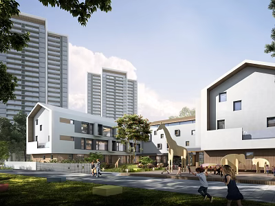 Modern Campus Buildings Featuring Green Space Trees And Outdoor Play Areas 3d model