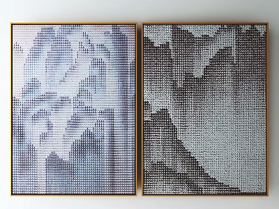Abstract Pixel Art Mountain Paintings With Blue Purple Dark Brown Tones And Gold Frames 3d model