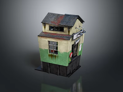 Cartoon Two Story House Scene With Dark Roof Beige Green Walls And Red Door Decor 3d model