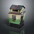 Cartoon Two Story House Scene With Dark Roof Beige Green Walls And Red Door Decor