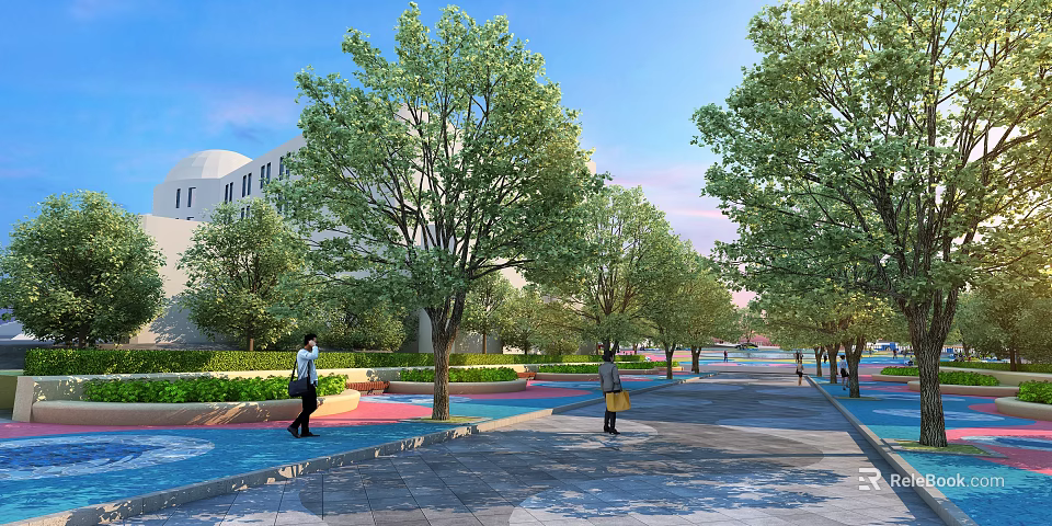 Scenic Plaza Landscape With Lush Green Trees Colorful Pavement Pedestrians And White Buildings 3d model 