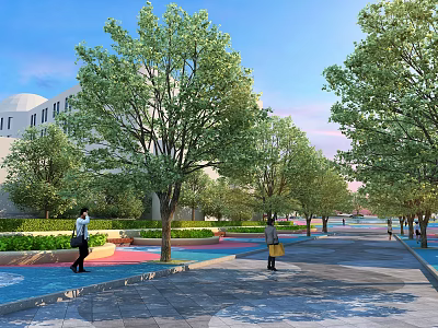 Scenic Plaza Landscape With Lush Green Trees Colorful Pavement Pedestrians And White Buildings 3d model