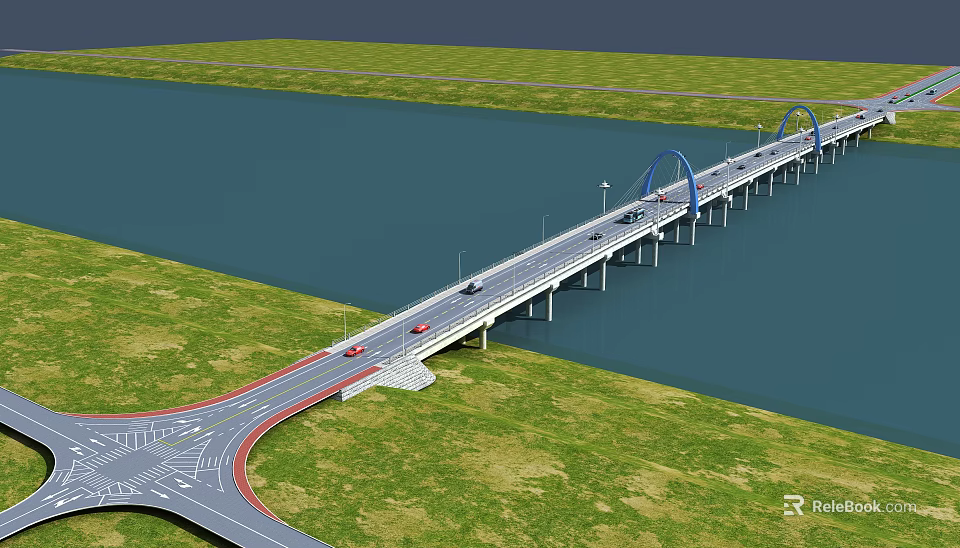 Long Bridge Across Waterbody With Road Lanes Blue Arches And Green Grass 3d model 