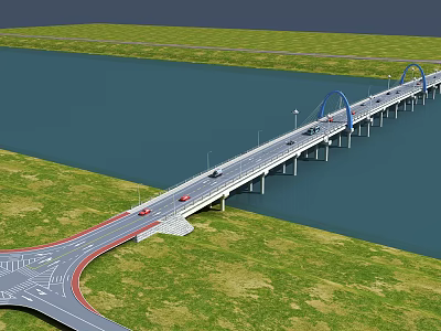 Long Bridge Across Waterbody With Road Lanes Blue Arches And Green Grass 3d model