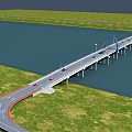 Long Bridge Across Waterbody With Road Lanes Blue Arches And Green Grass