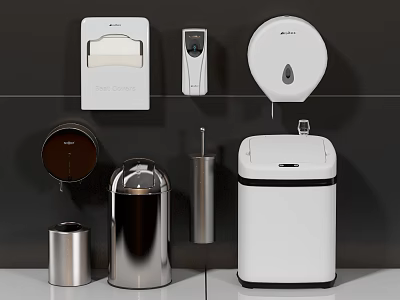 Modern Bathroom Accessories Set With Hand Dryer Soap Dispenser Toilet Paper Holder And Trash Can 3d model