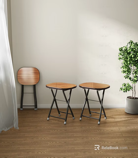 Two Wooden Top Folding Stools with Black Metal Legs in Indoor Space with Wooden Floor 3d model 