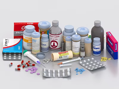 Household Medical Essentials Including Medicine Bottles Tablets Capsules Syringe Ointment and Medicine Boxes 3d model