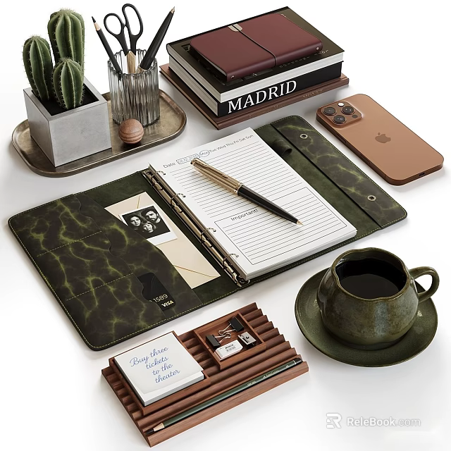 Decorative Ornament Set With Cactus Plant Tray Books Phone Notebook And Coffee Cup 3d model 
