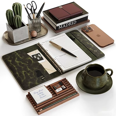 Decorative Ornament Set With Cactus Plant Tray Books Phone Notebook And Coffee Cup 3d model