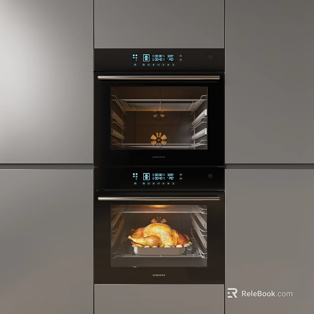 Modern Kitchen Appliances Featuring Double Wall Ovens with Roasted Chicken Inside 3d model 