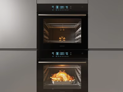 Modern Kitchen Appliances Featuring Double Wall Ovens with Roasted Chicken Inside 3d model