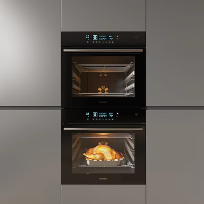 Modern Kitchen Appliances Featuring Double Wall Ovens with Roasted Chicken Inside 3d model