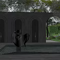 Modern Garden Landscape With Hexagonal Textured Wall Green Trees And Luxury Entrance