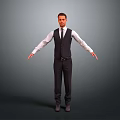 Man In Formal Attire White Shirt Suit Vest Tie With Arms Extended On Gray Background