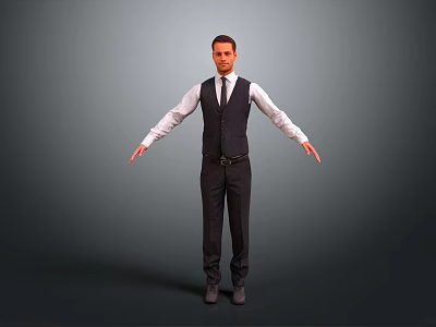 Man In Formal Attire White Shirt Suit Vest Tie With Arms Extended On Gray Background 3d model