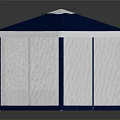Hexagonal Outdoor Tent With Blue Roof White Finial And White Side Curtains