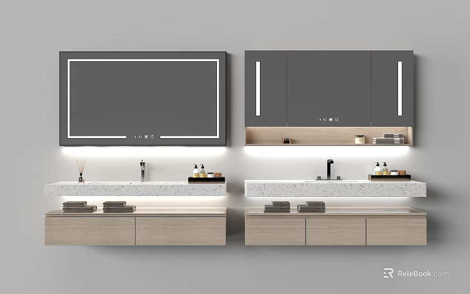 Modern Bathroom Vanity With Large Mirror LED Lighting And Storage Cabinets 3d model