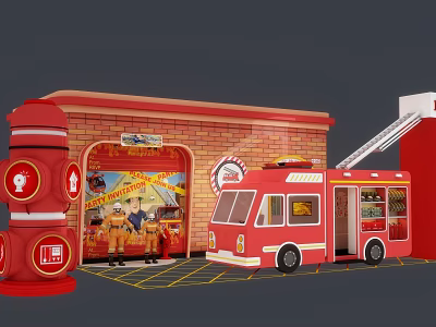 Red Fire Truck and Fire Station Scene With Firefighter Figures and Garage 3d model