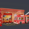 Red Fire Truck and Fire Station Scene With Firefighter Figures and Garage