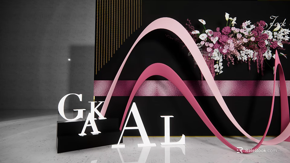 GKAL Letter Display With Pink Wavy Decorations And Flower Bouquet On Black Background 3d model 