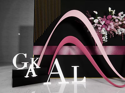 GKAL Letter Display With Pink Wavy Decorations And Flower Bouquet On Black Background 3d model