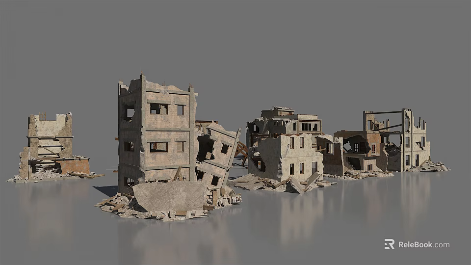 Damaged Building Components Including Collapsed Walls And Rubble In Urban Ruins 3d model 