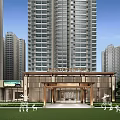 Modern Sales Office Building Exterior With Glass Curtain Walls Wooden Entrance And High Rise Buildings