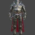 Ornate Medieval Metal Armor With Golden Decorations Helmet And Crimson Cloak