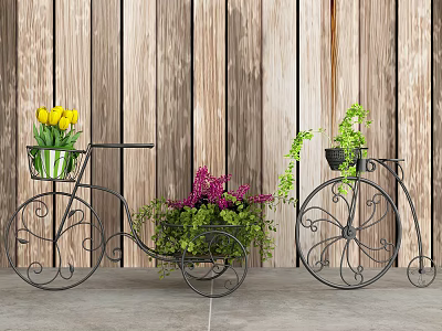 Garden Ornaments Iron Bicycle Planters With Yellow Tulips Green Vines Purple Flowers Against Wooden Wall 3d model