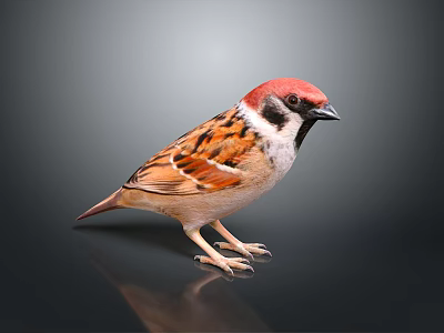 Sparrow With Red Head And Brown White Feathers Standing On Black Surface Against Grey Background 3d model