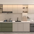Modern Living Dining Room Interior With Open Kitchen Green Cabinets TV Wall And Beige Sofa