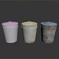Three Metal Trash Cans With Lids In Different Conditions On Reflective Surface 3d model