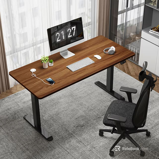 Wooden Office Desk With Computer Monitor Keyboard Mouse Headphones Potted Plant And Charging Phone 3d model 