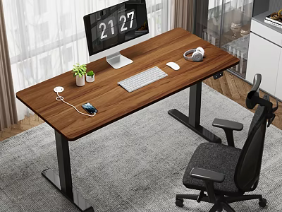 Wooden Office Desk With Computer Monitor Keyboard Mouse Headphones Potted Plant And Charging Phone 3d model