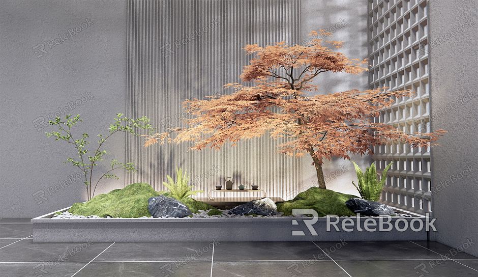 Japanese style landscape sketch courtyard landscape sketch red maple stone rockery moss fern plant model