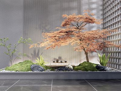 Japanese style landscape sketch courtyard landscape sketch red maple stone rockery moss fern plant model