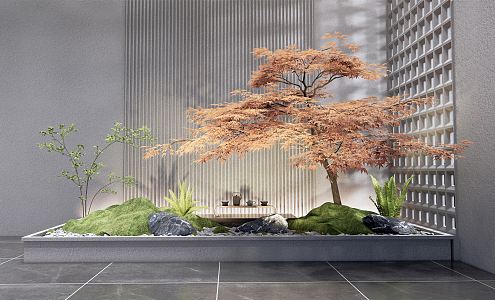 Japanese style landscape sketch courtyard landscape sketch red maple stone rockery moss fern plant 3d model