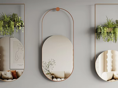 Stylish Oval Mirror With Hanging Plants And Gray Wall Decorative Art 3d model
