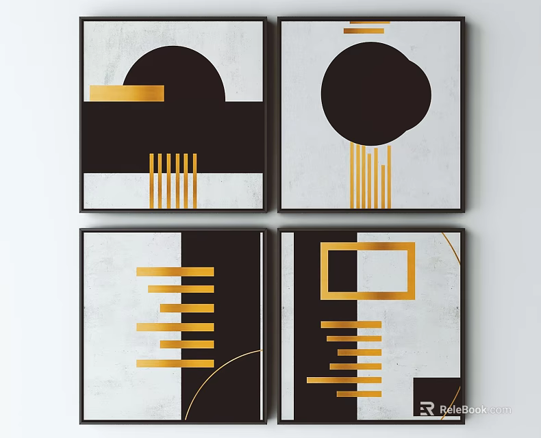 Modern Abstract Geometric Wall Art With Black White Gold Circular Square Line Patterns 3d model
