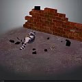 Broken Red Brick Wall Scene With Scattered Pieces And Raccoon Figure On Concrete Ground