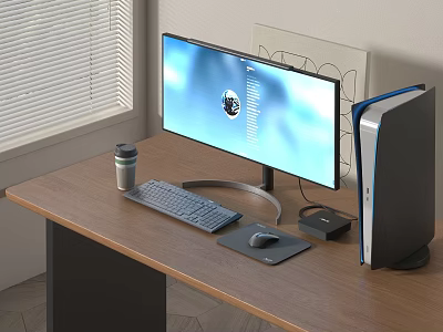 Modern Desktop Computer Setup With Monitor Keyboard Mouse And Tower On Wooden Desk 3d model