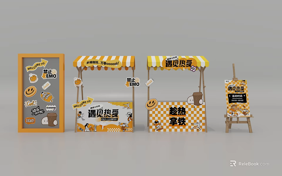 Vibrant Street Food Stall With Yellow White Striped Awning And Egg Burger Signage 3d model 