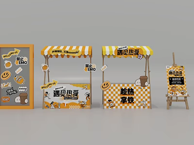 Vibrant Street Food Stall With Yellow White Striped Awning And Egg Burger Signage 3d model