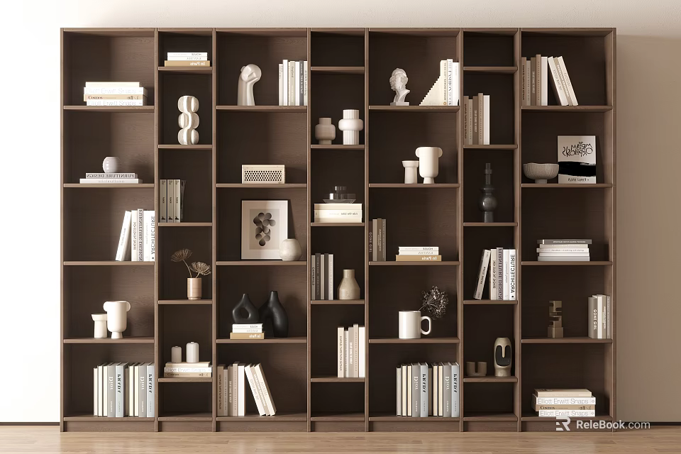 Modern Wooden Bookcase With Multi Tiered Storage Shelves Books And Decorative Items 3d model 