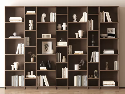 Modern Wooden Bookcase With Multi Tiered Storage Shelves Books And Decorative Items 3d model