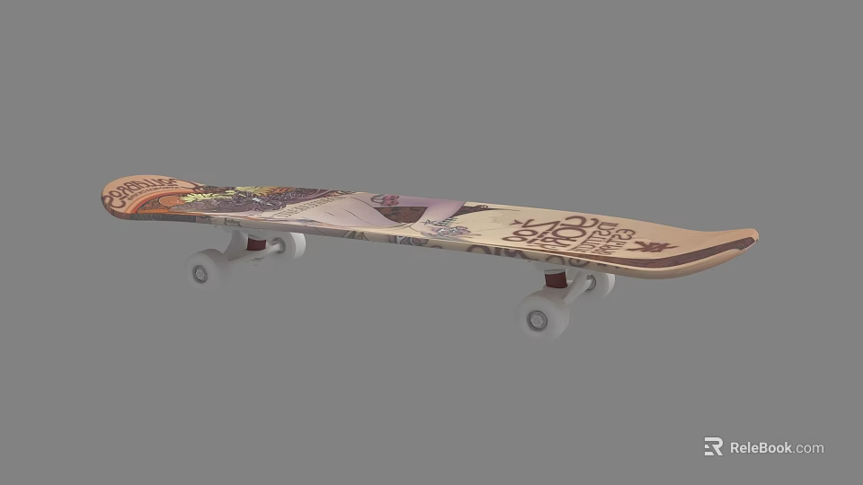 Wooden Skateboard With Cool Graphic Design And White Wheels For Sports Activities 3d model 