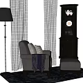 Gray Armchair With Striped Cushions Throw Blanket Ottoman Floor Lamp And Striped Curtains
