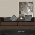 Modern Brown Two-Seater Sofa with Gray Cushions Round Gray Rug and Abstract Geometric Wall Art