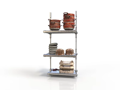 Three Tiered Metal Kitchen Shelf With Pots Dishes And Storage Baskets 3d model